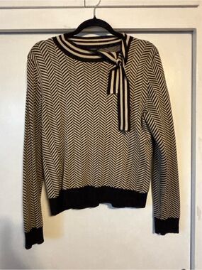 Elegant Silk Black and Cream Herringbone Tie-Neck Women's Sweater Large